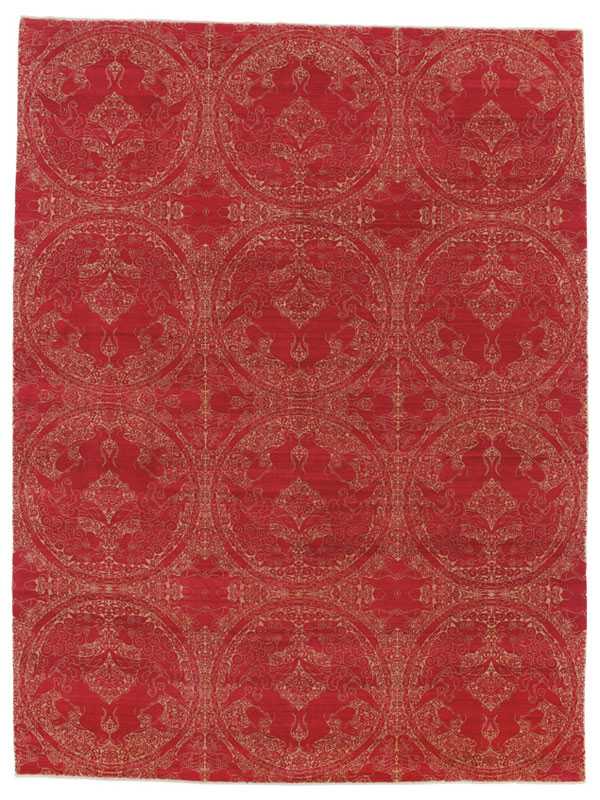 Tappeto contemporaneo nepalese, con motivi decorativi a cerchio a tutto campo rosso