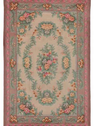 Tappeto cinese 90 line con motivi decorativi floreali sul campo e il bordo rosa del tappeto
