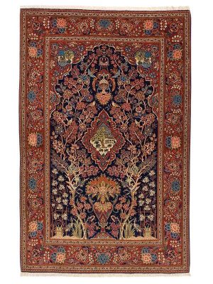 Tappeto persiano keshan antico con medaglione centrale rosso, decorato con la dettagliata immagine di un albero, e motivi decorativi intricati a ricreare un giardino sul campo blu e sullo spesso bordo rosso