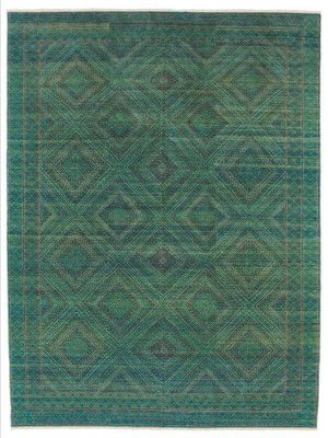 Tappeto contemporaneo nepalese verde, con motivi decorativi geometrici a rombo e doppio bordo