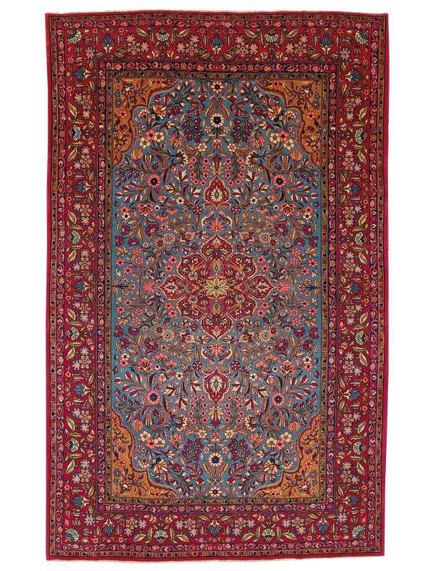 Tappeto Keshan antico con medaglione centrale rosso e intricati dettagli floreali sul fondo blu e sullo spesso bordo rosso