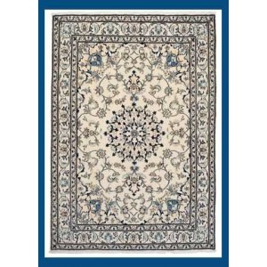 Tappeto persiano nain shisla con intricati dettagli decorativi floreali blu e azzurri su campo bianco e spesso bordo