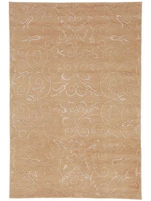 Tappeto contemporaneo nepalese, con motivi a tralci floreali stilizzati dorati su campo beige