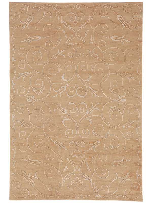 Tappeto contemporaneo nepalese, con motivi a tralci floreali stilizzati dorati su campo beige