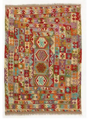 Tappeto contemporaneo kilim maimana con medaglione centrale multiplo e decorazioni geometriche lineari e uncinate disposte in cornici concentriche