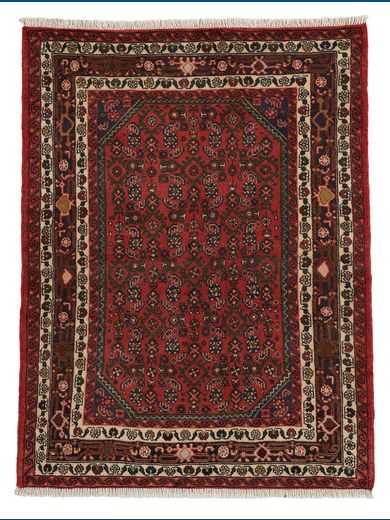 Tappeto persiano Hossenabad con decorazioni geometriche floreali a tutto campo, su sfondo rosso e con spesso bordo bianco e rosso