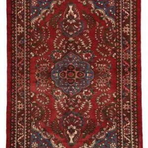 tappeto persiano lilian con medaglione centrale e decorazioni floreali su sfondo rosso e blu