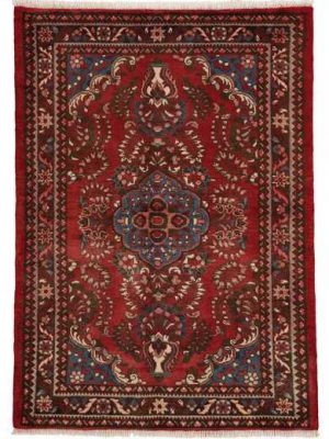 tappeto persiano lilian con medaglione centrale e decorazioni floreali su sfondo rosso e blu