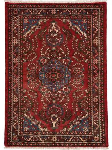 tappeto persiano lilian con medaglione centrale e decorazioni floreali su sfondo rosso e blu