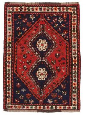 tappeto persiano shiraz con doppio medaglione centrale geometrico e lineare, con decorazioni floreali astratte su sfondo rosso e blu