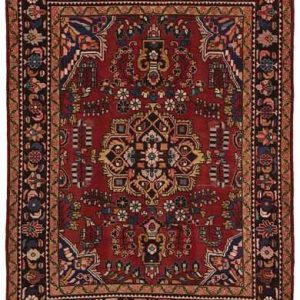 tappeto persiano antico Lilian con medaglione centrale intricato e su sfondo rosso e con spesso bordo.