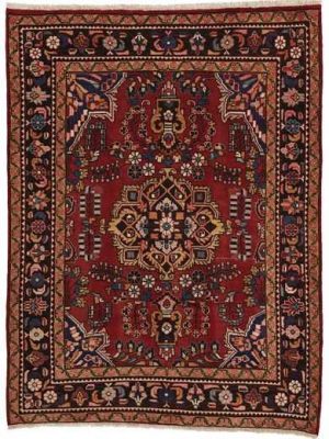 tappeto persiano antico Lilian con medaglione centrale intricato e su sfondo rosso e con spesso bordo.