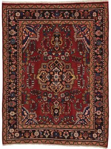 tappeto persiano antico Lilian con medaglione centrale intricato e su sfondo rosso e con spesso bordo.