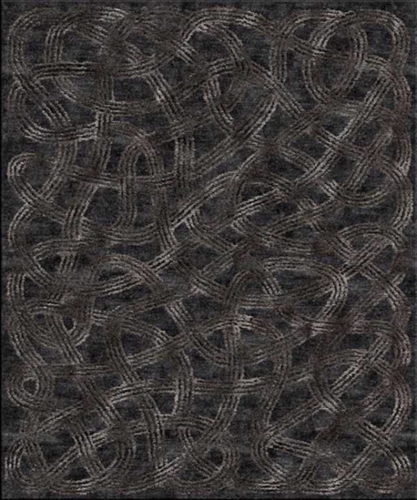 Tappeto contemporaneo Arazi Collection linea Ethno nero con motivi decorativi lineari a nodo a tutto campo