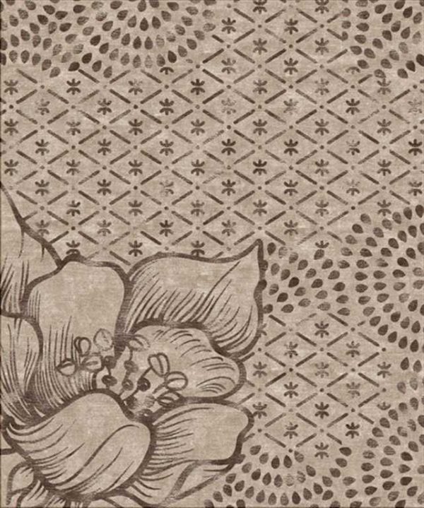 Tappeto contemporaneo Arazi Collection linea Flower grigio chiaro con motivo decorativo a fiori e disegni geometrici stilizzati marroni