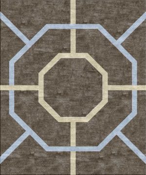 Tappeto contemporaneo Arazi Collection linea Garden grigio scuro con motivo decorativo geometrico, lineare e minimalista e medaglione centrale ottagonale grigio chiaro e azzurro