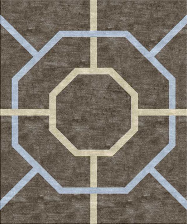 Tappeto contemporaneo Arazi Collection linea Garden grigio scuro con motivo decorativo geometrico, lineare e minimalista e medaglione centrale ottagonale grigio chiaro e azzurro