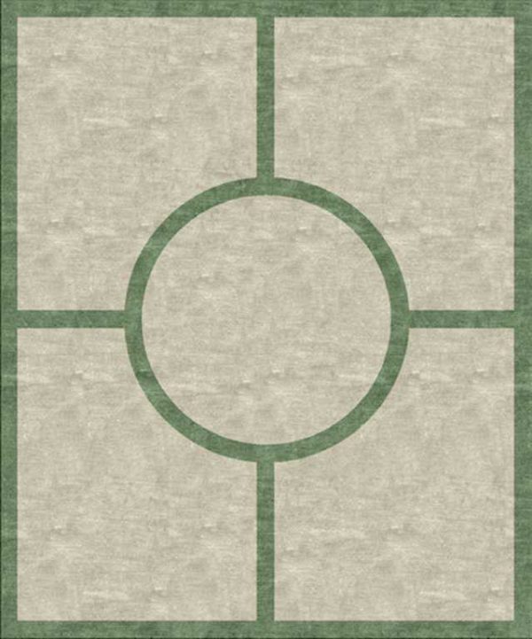 Tappeto contemporaneo Arazi Collection linea Garden grigio chiaro con motivo decorativo geometrico, lineare e minimalista verde e medaglione centrale rotondo