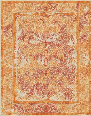 Tappeto contemporaneo Arazi Collection linea Heritage grigio con motivo decorativo intricato, classico e floreale arancio e rosso e spesso bordo arancio