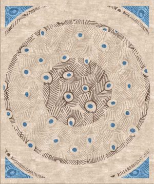 Tappeto contemporaneo Arazi Collection linea Peacock crema con decorazione a cerchi concentrici e motivi a piume di pavone marrone e azzurro