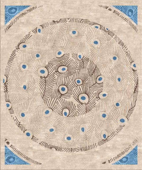 Tappeto contemporaneo Arazi Collection linea Peacock crema con decorazione a cerchi concentrici e motivi a piume di pavone marrone e azzurro