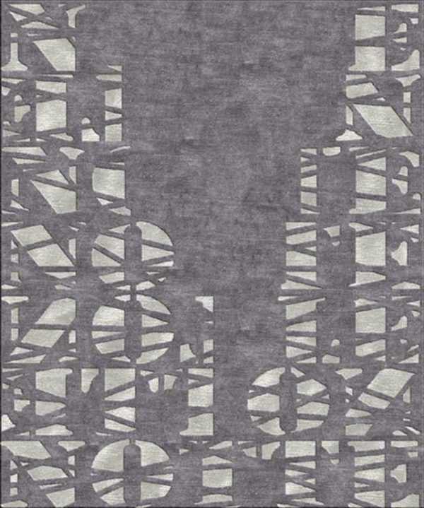 Tappeto contemporaneo Arazi Collection Skyline grigio con motivi decorativi a lettere grigio chiaro sui bordi
