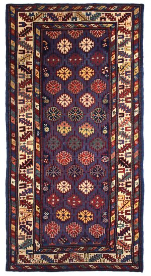 tappeto caucasico kazak antico, con motivi decorativi geometrici astratti a tutto campo e spesso bordo