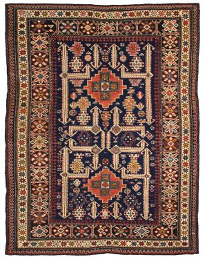 Tappeto persiano antico shirvan kalekashl con medaglione centrale geometrico e decorazioni geometriche astratte e uncinate su sfondo blu, e spesso bordo triplo