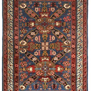 Tappeto persiano antico shirvan perpedil con decorazioni geometriche astratte e floreali a tutto campo e spesso bordo triplo