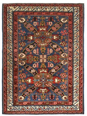 Tappeto persiano antico shirvan perpedil con decorazioni geometriche astratte e floreali a tutto campo e spesso bordo triplo