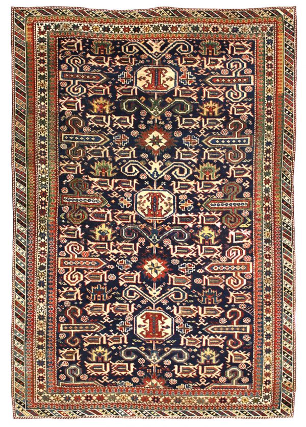 Tappeto persiano antico shirvan perpedil con decorazioni geometriche astratte a tutto campo, spesso bordo