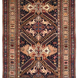 Tappeto persiano antico shirvan perpedil con medaglione centrale geometrico e decorazioni uncinate astratte, triplo bordo
