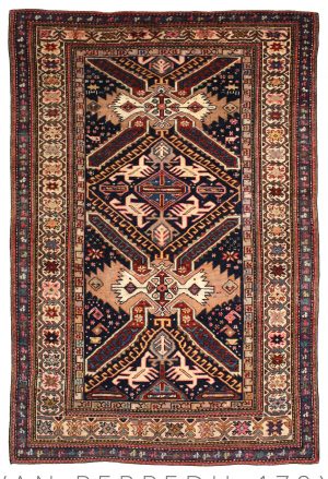 Tappeto persiano antico shirvan perpedil con medaglione centrale geometrico e decorazioni uncinate astratte, triplo bordo