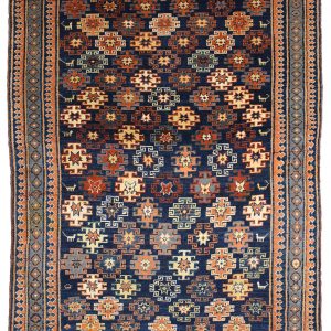 Tappeto persiano antico shirvan chi chi con decorazioni astratte uncinate a tutto campo e spesso bordo triplo blu e rosso