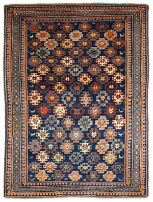 Tappeto persiano antico shirvan chi chi con decorazioni astratte uncinate a tutto campo e spesso bordo triplo blu e rosso