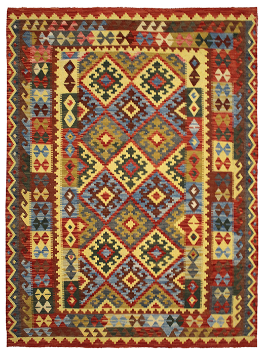 Tappeto classico kilim maima artorient con motivi decorativi geometrici uncinati e rombi, e spesso bordo