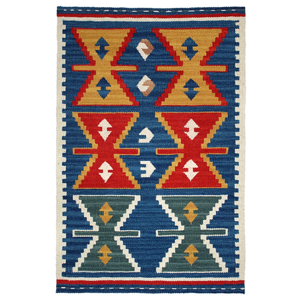 Tappeto contemporaneo kilim artorient con motivi decorativi geometrici astratti su sfondo blu