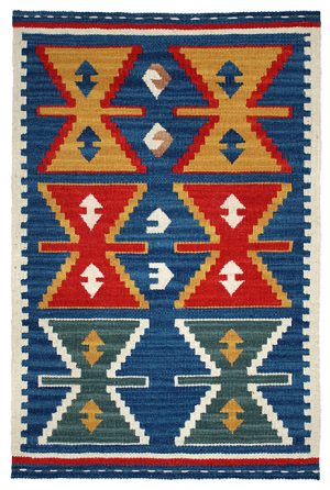 Tappeto contemporaneo kilim artorient con motivi decorativi geometrici astratti su sfondo blu