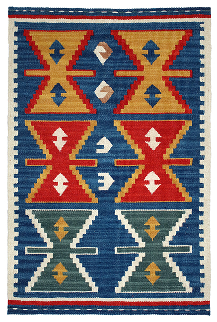 Tappeto contemporaneo kilim artorient con motivi decorativi geometrici astratti su sfondo blu