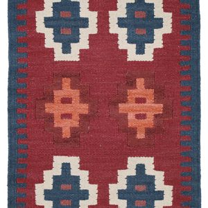 Tappeto contemporaneo kilim artorient con motivi decorativi geometrici astratti su sfondo rosso