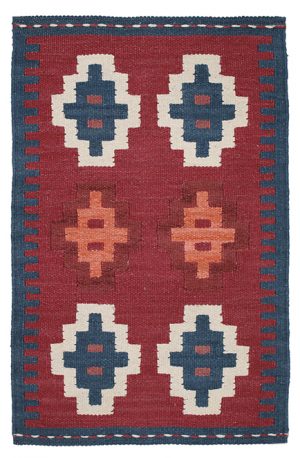 Tappeto contemporaneo kilim artorient con motivi decorativi geometrici astratti su sfondo rosso