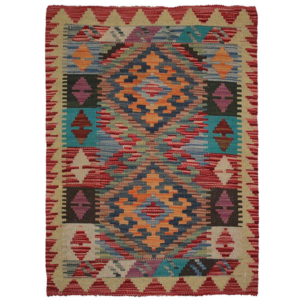 Tappeto contemporaneo kilim artorient con medaglione centrale geometrico lineare a rombo arancione e rosso, con spesso bordo a motivi geometrici e astratti
