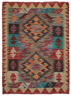 Tappeto contemporaneo kilim artorient con medaglione centrale geometrico lineare a rombo arancione e rosso, con spesso bordo a motivi geometrici e astratti