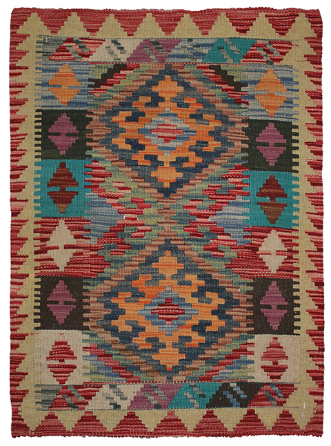 Tappeto contemporaneo kilim artorient con medaglione centrale geometrico lineare a rombo arancione e rosso, con spesso bordo a motivi geometrici e astratti