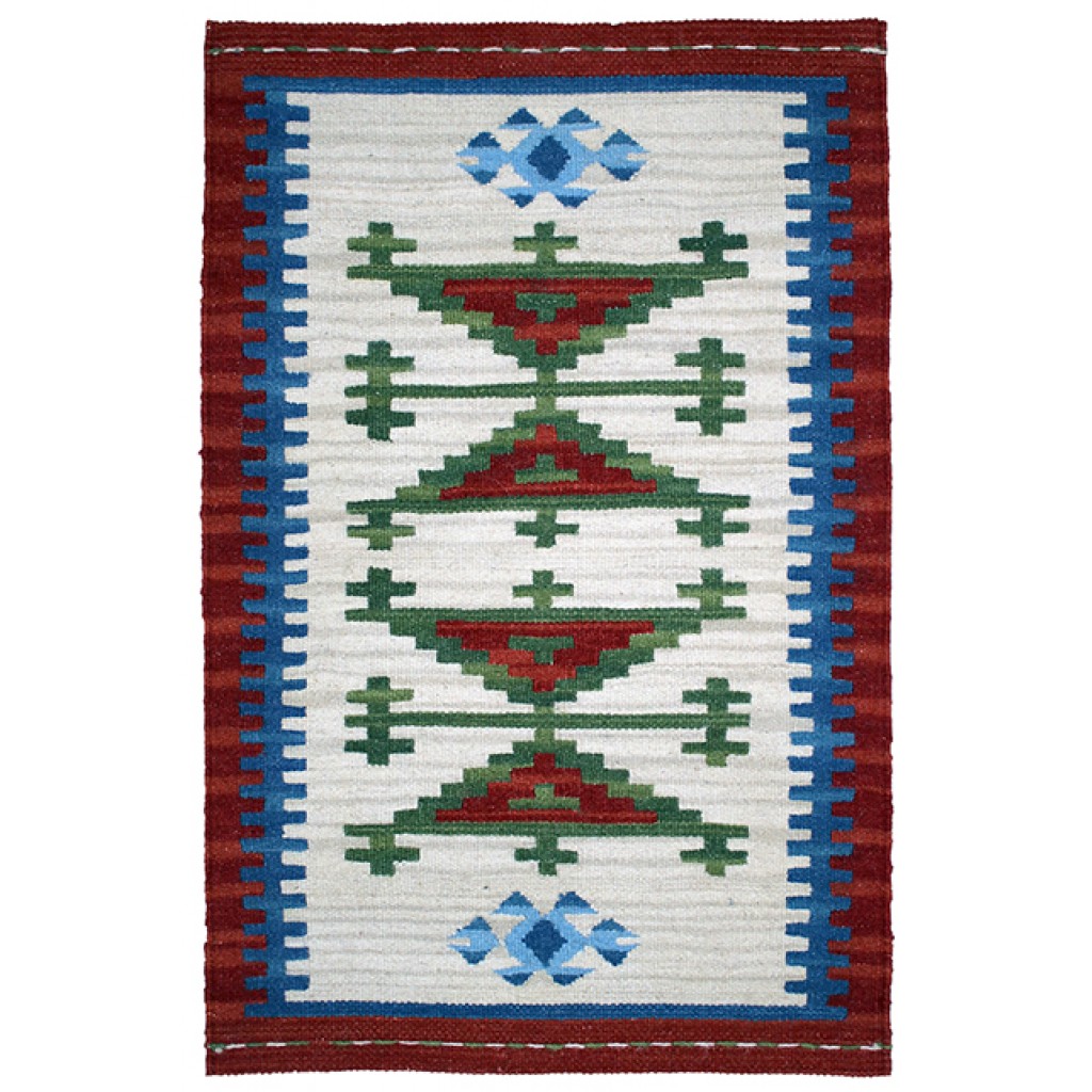 Tappeto contemporaneo kilim artorient con medaglione centrale astratto verde e rosso su sfondo bianco