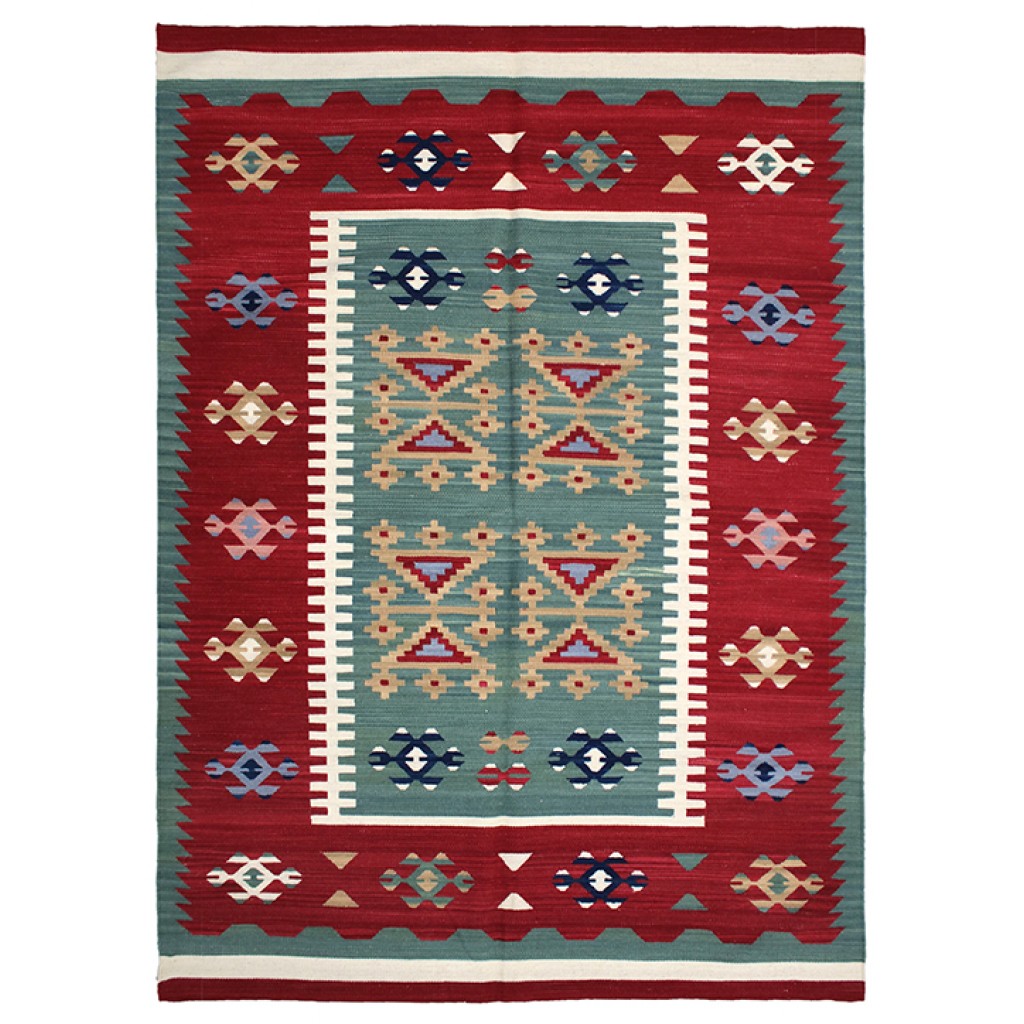 Tappeto contemporaneo kilim artorient con decorazioni geometriche e lineari astratte su sfondo verde a tutto campo, con spesso bordo rosso