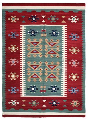 Tappeto contemporaneo kilim artorient con decorazioni geometriche e lineari astratte su sfondo verde a tutto campo, con spesso bordo rosso