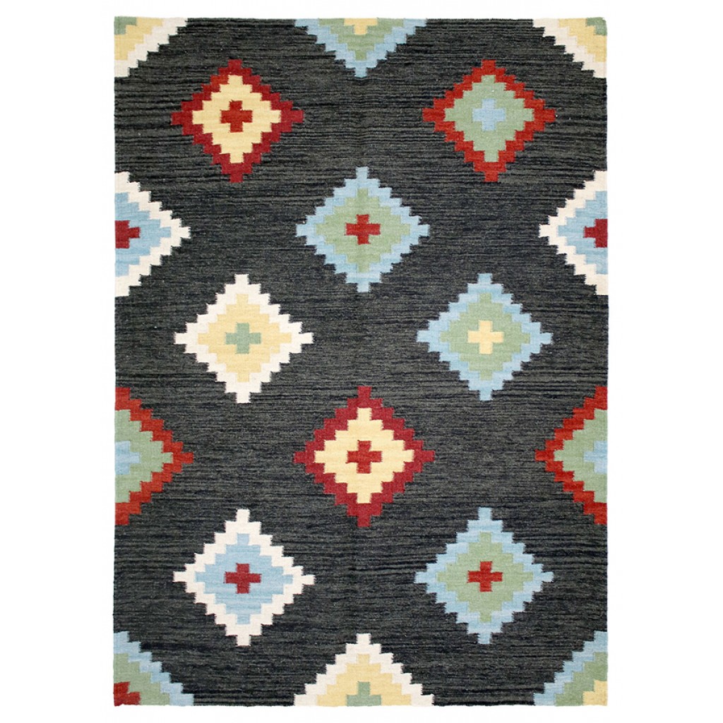 Tappeto contemporaneo kilim artorient con decorazioni geometriche a rombo concentriche su sfondo a tutto campo grigio