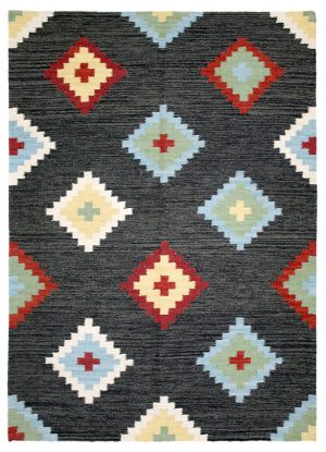 Tappeto contemporaneo kilim artorient con decorazioni geometriche a rombo concentriche su sfondo a tutto campo grigio