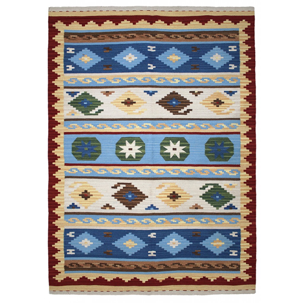 Tappeto contemporaneo kilim artorient con decorazioni geometriche e lineari a fasce bianche, verdi e azzurre
